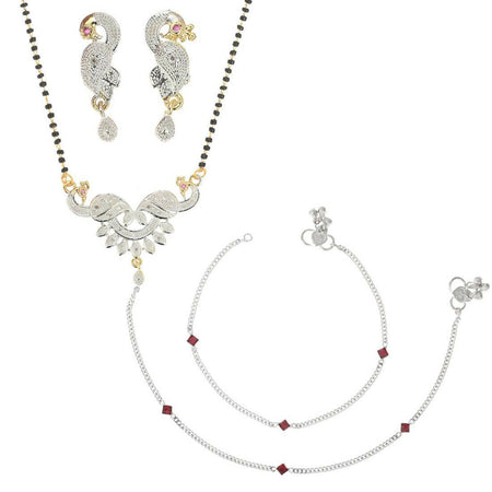 AanyaCentric Gold-Polished Mangalsutra Pendant Earring Set & Silver Plated Anklet