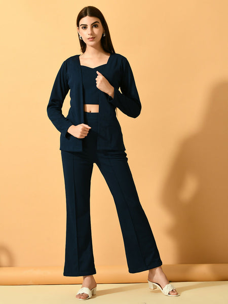 Myshka Women's Navy Blue Solid Coat With Trousers