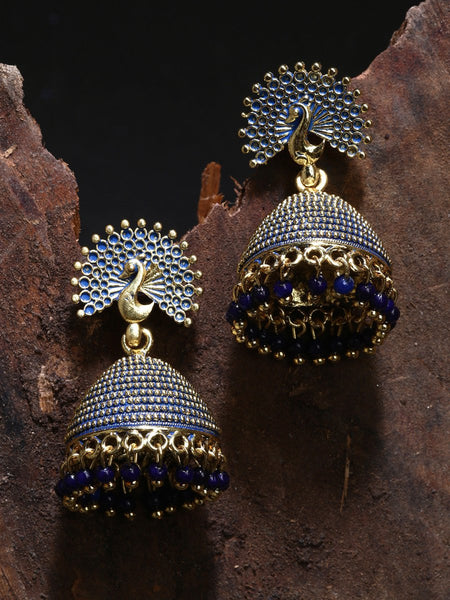 Anikas Creation Gold-Polished & Blue Enamelled Peacock Shaped Jhumkas