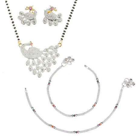 AanyaCentric Gold-Polished Mangalsutra Pendant Earring Set & Silver Plated Anklet