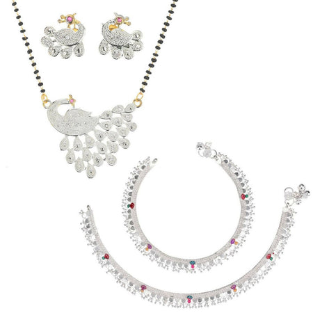 AanyaCentric Gold-Polished Mangalsutra Pendant Earring Set & Silver Plated Anklet