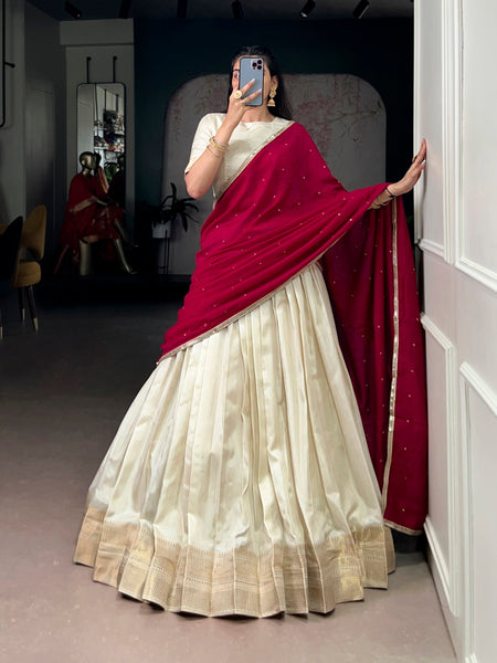 Lorenvalley Fashion Offwhite Dola Silk Zari Weaving Border Lehenga Choli with Dupatta