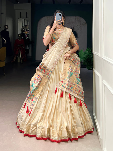 Lorenvalley Fashion Cream Shimmer Paithani Zari Weaving Work Lehenga Choli with Dupatta