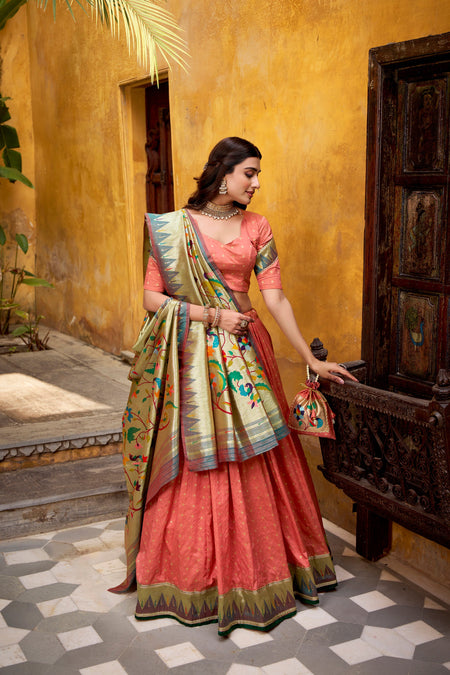 Lorenvalley Fashion Peach Silk Paithani Zari Weaving Work With Lace Border Lehenga Choli with Dupatta