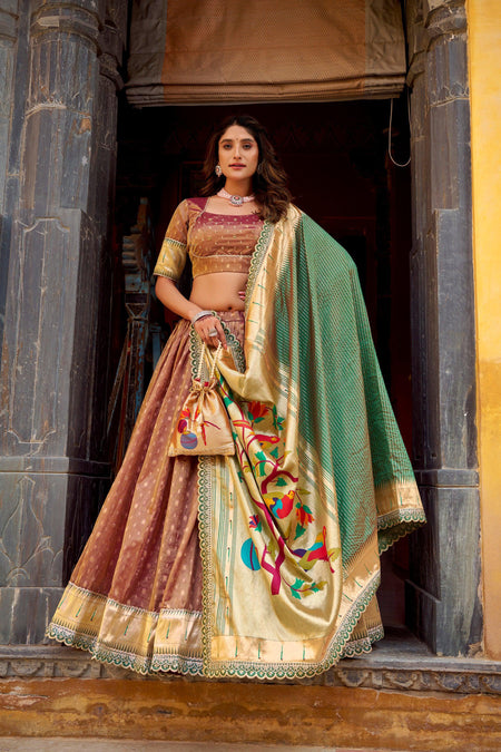 Lorenvalley Fashion Brown Simmer Organza Zari Weaving Work With Lace Border Lehenga Choli with Dupatta