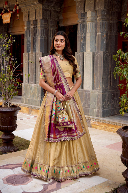 Lorenvalley Fashion Cream Simmer Organza Zari Weaving Work With Lace Border Lehenga Choli with Dupatta