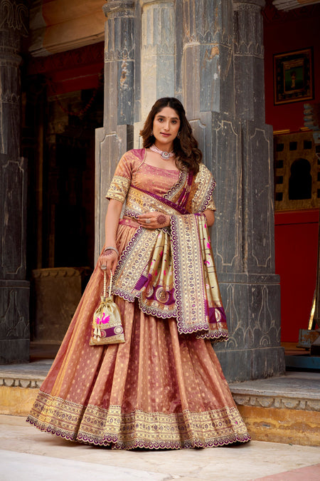 Lorenvalley Fashion Peach Simmer Organza Zari Weaving Work With Lace Border Lehenga Choli with Dupatta