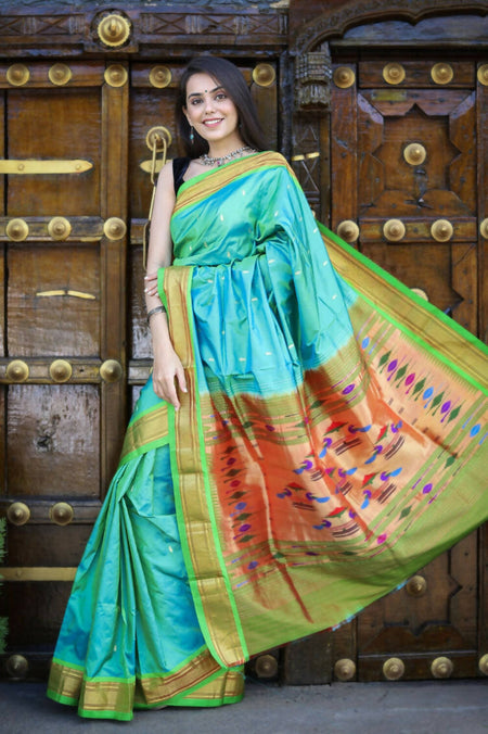 Very Much Indian Pure Silk Handloom Paithani -Dual Tone Blue Green