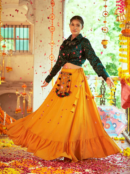 Myra Green & Musturd Yellow Cotton Embroidered Navratri Special Lehenga