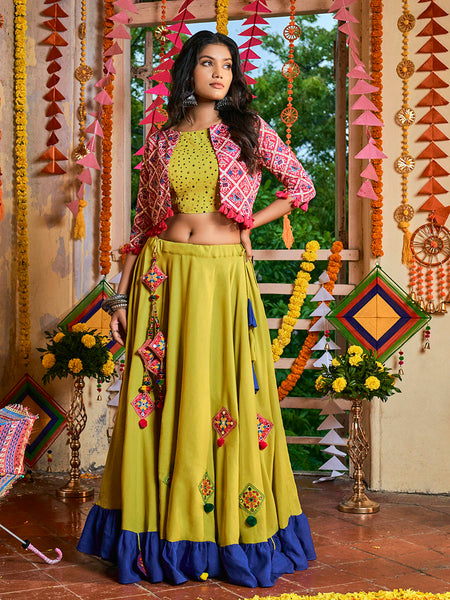 Myra Fluorescent Green Maslin Cotton Embroidered Navratri Special Lehenga