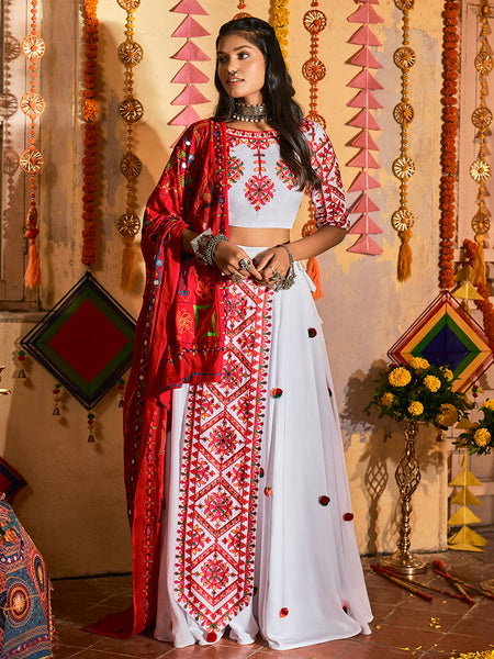 Myra White Maslin Cotton Embroidered Navratri Special Lehenga
