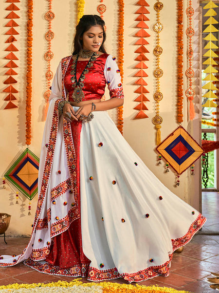 Myra White and Red Maslin Cotton Embroidered Navratri Special Lehenga