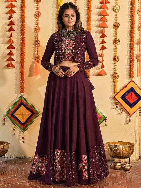 Myra Purple White and Red Maslin Cotton Embroidered Navratri Special Lehenga