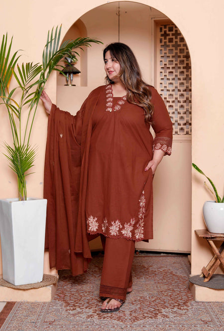 Miravan Womens Plus Size Embroidered Cotton Kurta with palazzo & Dupatta Set