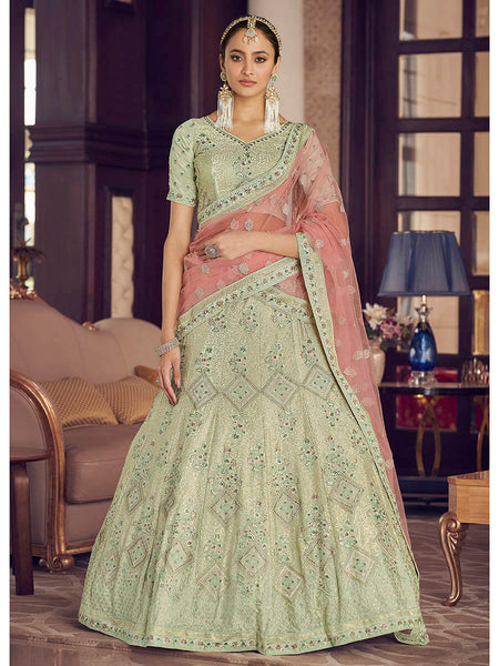 Myra Pista Green Crepe Embroidered Lehenga
