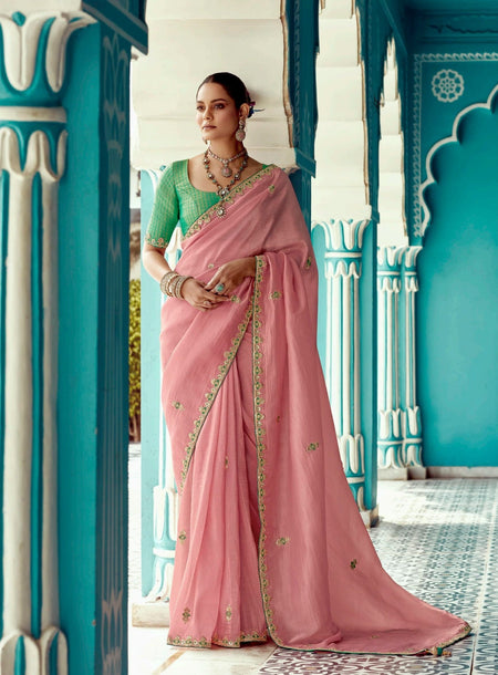 Anaita Pink Embroidery Work Saree With Jacquard Work Blouse Piece
