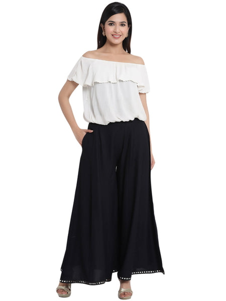 Juniper Women Black Rayon Solid Flared Palazzo
