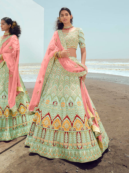 Myra Pista Green Gorgette Embroidered Designer Lehenga Choli