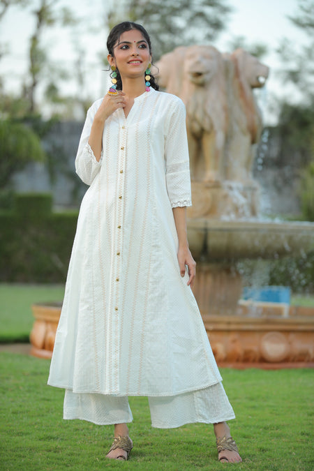 Juniper Womens White Cotton Dobby Kalidar Kurta