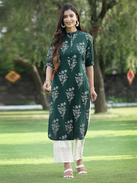 Juniper Womens Jadegreen Rayon Slub Printed Straight Kurta