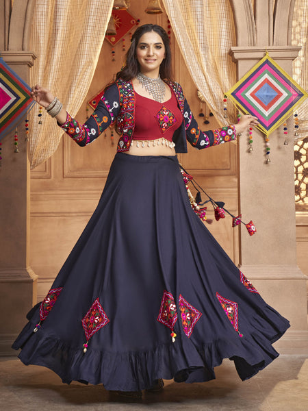 Myra Navy Blue Koti Style Viscose Rayon Embroidered Designer Navratri Special Lehenga