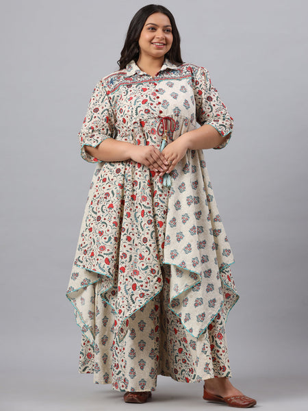 Juniper Women`s Beige Cambric Fusion Wear Printed Asymmetric Kurta Sets