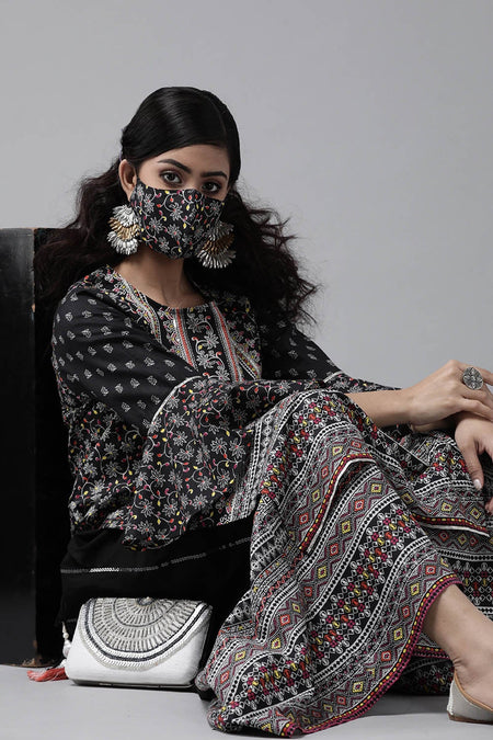 Juniper Women's Black Cambric Printed High-Low Kurta Sets