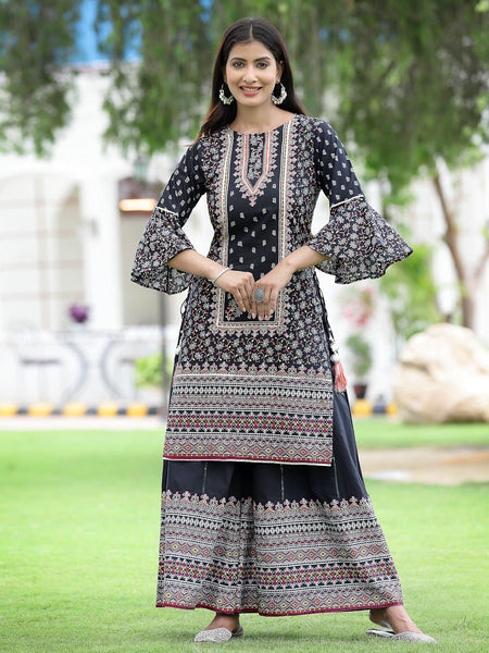 Juniper Womens Black Cambric Multicolor Placement Printed Kurta Palazzo Set