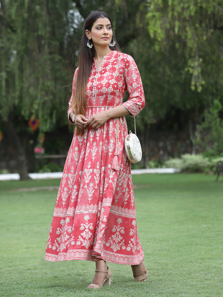 Juniper Womens Peach Floral Motifs Printed Maxi Dress
