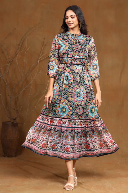 Juniper Women's Black Chiffon Printed Tiered Dress