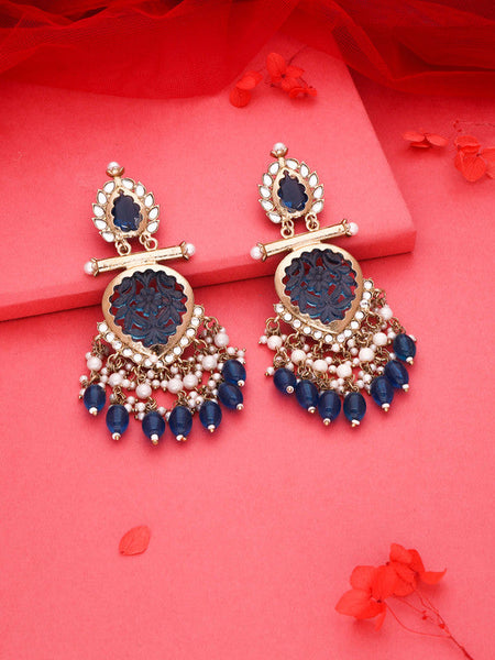 Tehzeeb Creations Latest Blue Colour Gold Polish Kundan & Pearl Studded Designer Drop Long Earrings For Women And Girls Maroon