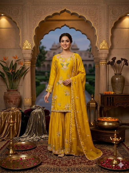 Stylish Designer Stitched Yellow Pure Viscose Crepe Embroidery Hand Work Stitched Sharara Suit - Anbazaar