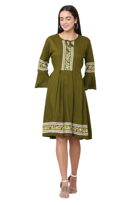 PAVONINE Mehandi Green Color Rayon Fabric Printed Short Midi For Girls