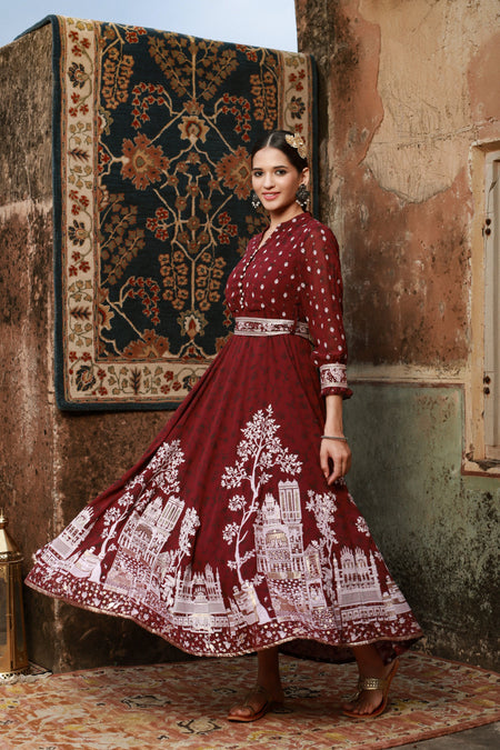Juniper Women Wine Georgette Printed Flared Dress