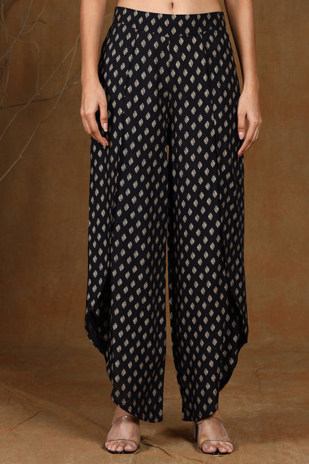 Juniper Women's Black Rayon Printed Tulip Dhoti Pant