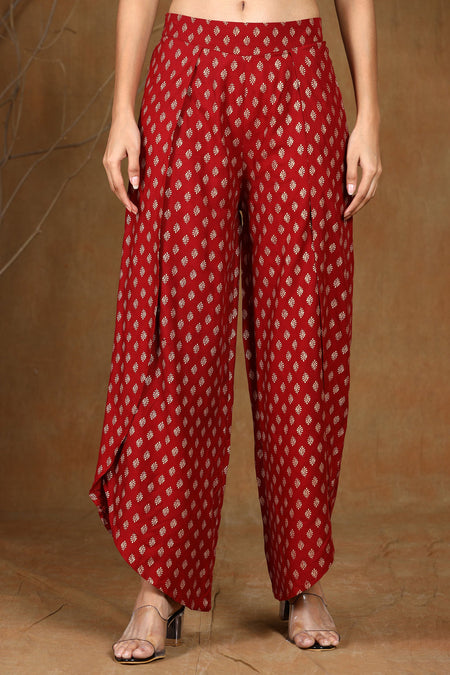 Juniper Women's Maroon Rayon Printed Tulip Dhoti Pant