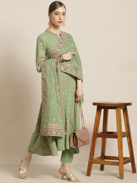 Juniper Womens Pistagreen Foil Printed Kurta Dress With Solid Pant And Printed Dupatta