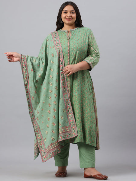 Juniper Women`s Pista Green Rayon Daily Wear Printed A-line Kurta Sets