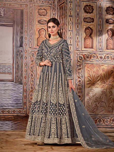 Anaita Grey Embroidered Net Anarkali Suit