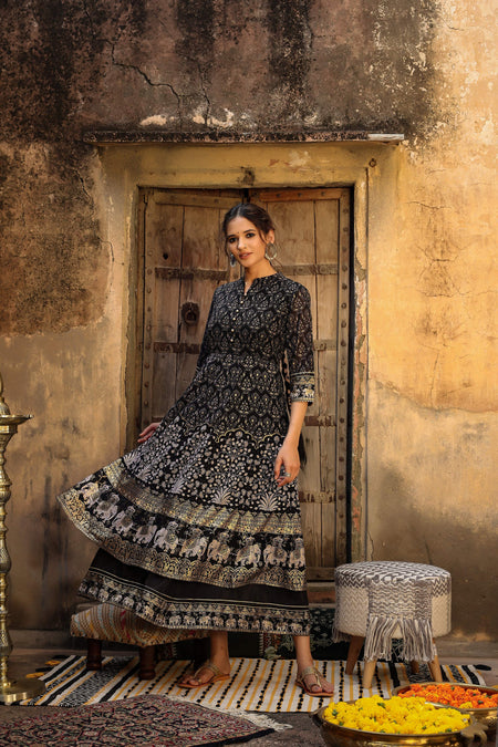 Juniper Women Black Georgette Printed Flared Dress