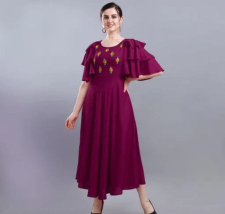 PAVONINE Wine Color Crepe Fabric Embroidery Dress For Women