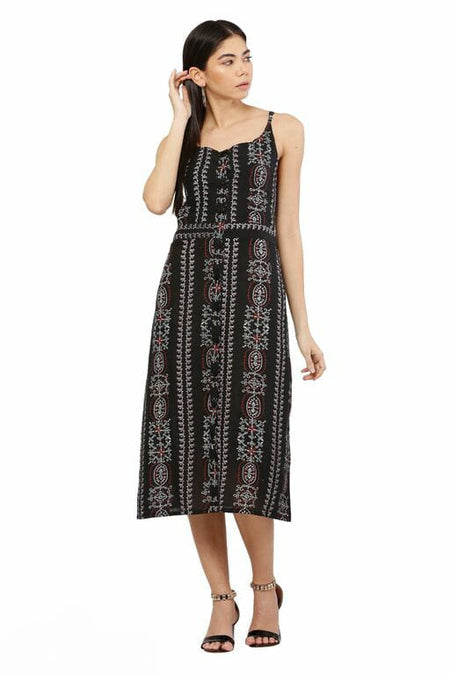 PAVONINE Black Color Printed Shoulder Strap Dress For Women