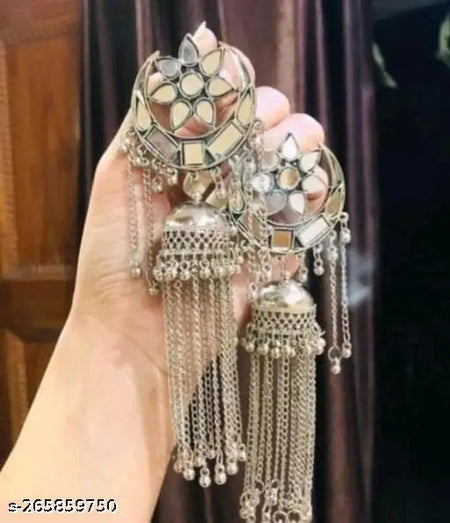 Tehzeeb Creations Women's Silver Colour Oxidised Earrings With Mirror And Chain