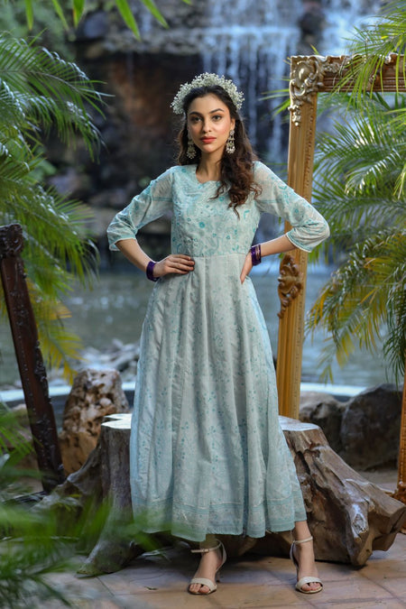 Juniper Womens Bluemulti Georgette Foil Printed Anarkali Dress