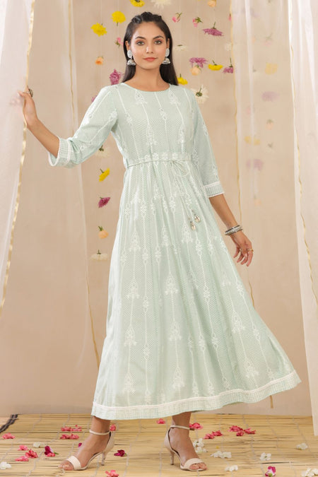 Juniper Womens Mint Rayon Gliter Printed Anarkali Dress