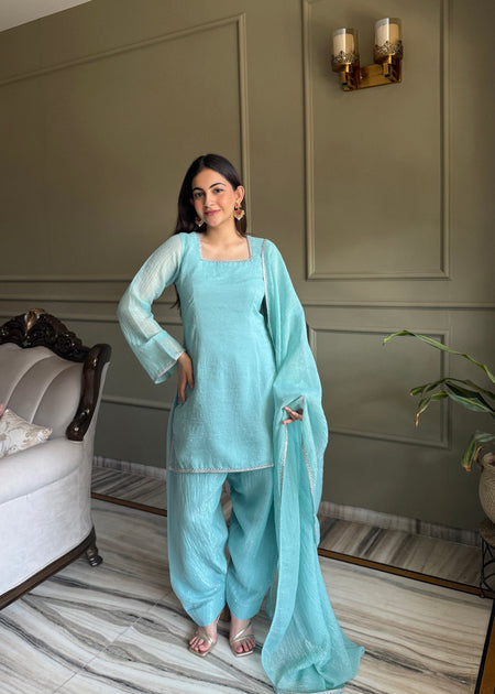 Lorenvalley Fashion Skyblue Crunchy Silk with Siroski Work with Fancy Lace Work Kurta Salwar with Dupatta