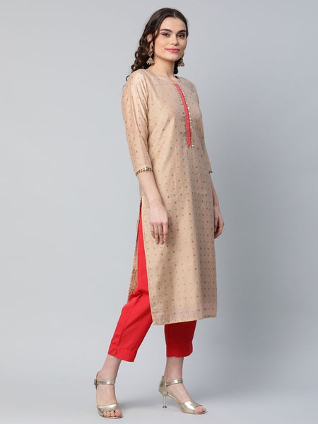Ahalyaa Women Beige Colour Chanderi Printed Kurta Pant Set