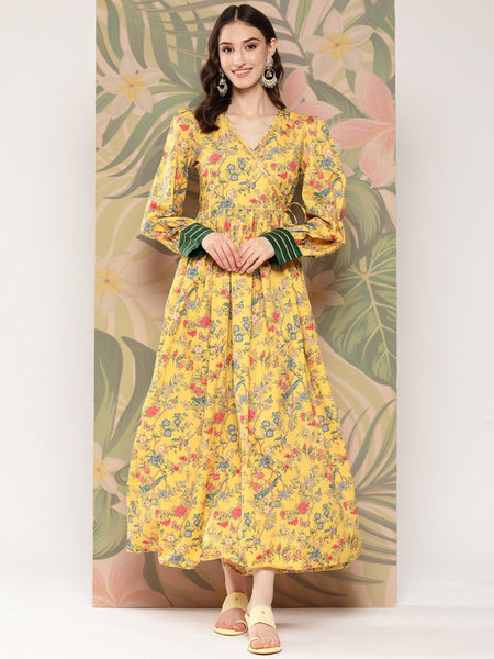 Ahalyaa Floral Printed Tie-Ups Crepe Empire Ethnic Dress