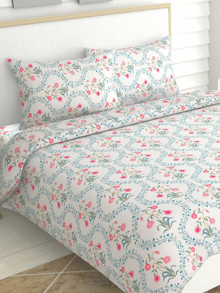 haus & kinder Blossoms Pink & White 186 TC Cotton Queen Bedsheet With 2 Pillow Covers