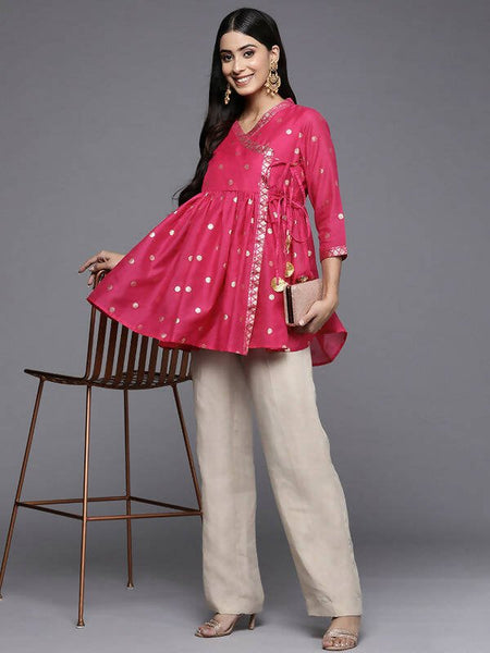 Ahalyaa Womens Pink Chanderi Printed Angrakha Style Tunic